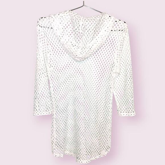 Alexa‎ & Stella Crochet Knit Coverup White Hoodie Pullover Mini Beachy Trendy - Picture 3 of 10